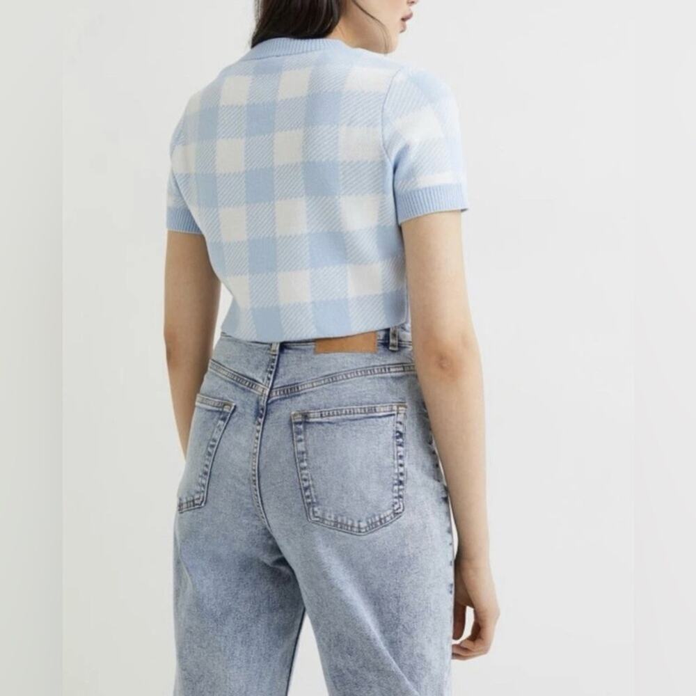 H&M Cropped Plaid Short Sleeve Knit Sweater Top Sz M - Picture 16 of 16